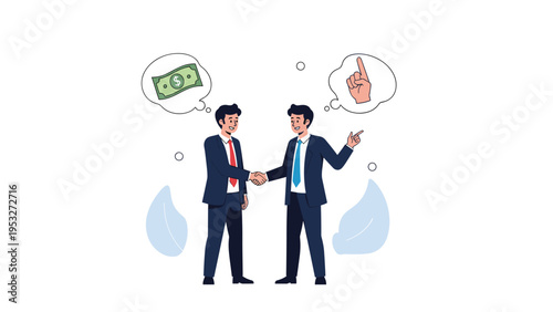 Two businessmen in suits shake hands while thought bubbles show a dollar bill and a finger pointing upward for an idea.