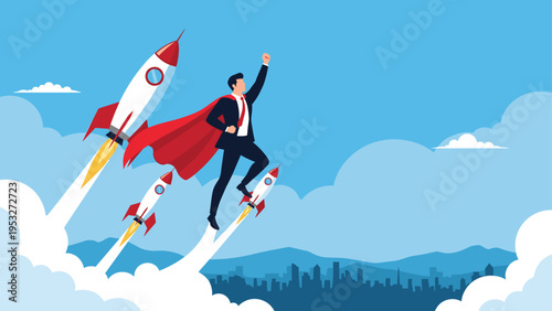 Super businessman wearing a red cape flies high into the sky on multiple rockets above a city skyline representing rapid growth.