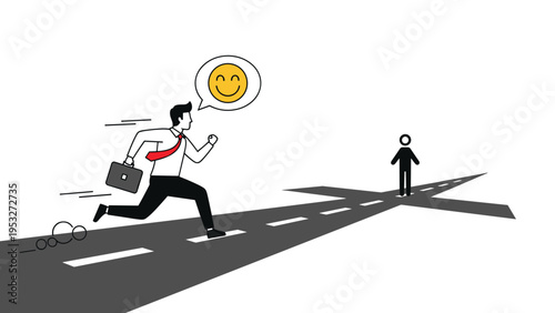 Motivated businessman runs along a highway toward a crossroad while thinking of a happy smiley face for success.