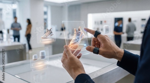 Close up of male customer using futuristic augmented reality interface and smart ring to examine virtual holographic shoes in retail store,innovative shopping experience tech.