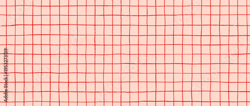 Seamless hand drawn square grid pattern. Pink red repeated doodled checkered background. Sketched thin checker paper texture. Pencil drawn journal sheet notebook template. Vector lined planer page