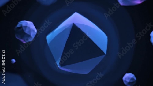 Glowing Blue Crystal Floating in Dark Space with Geometric Shapes