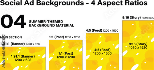 Bright and abstract summer patterns for social media advertisements across various aspect ratios, perfect for engaging digital campaigns and sunny promotions