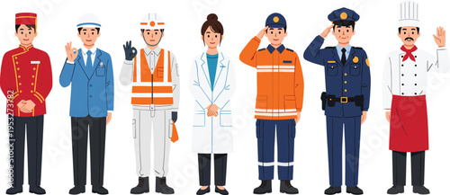 A vibrant collection of professionals showcasing diverse career paths and essential service roles, including healthcare, public safety, and hospitality, in a modern society