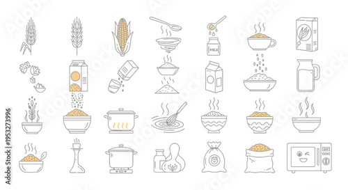 breakfast cereal preparation icons illustrating the step-by-step oatmeal cooking process for a healthy breakfast meal