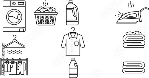 Laundry service line icons set with washing machine detergent iron clothes drying household outline vector illustration collection