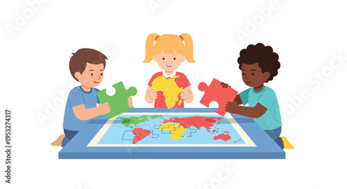 Three diverse children sit together around a table, collaborating to assemble a colorful jigsaw puzzle of a world map on the ground.