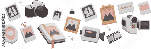 Memory photography elements set with camera album instant photos video recorder scrapbook items nostalgic moments flat vector illustration