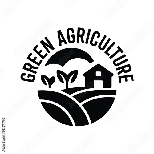 Black and white emblem depicting green agriculture with a farm and foliage
