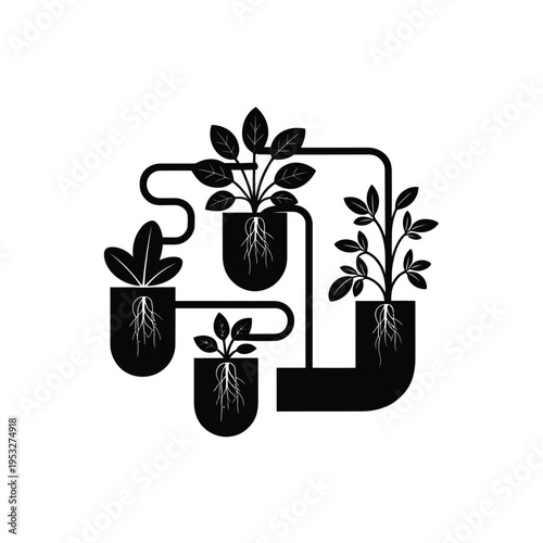 Abstract black and white illustration of a hydroponic plant system