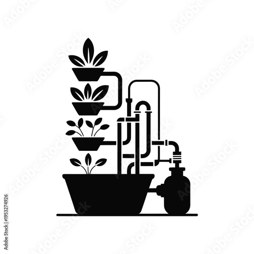 Stylized black and white illustration of a tiered plant and water feature