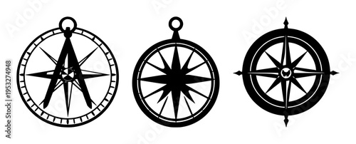 Compass set with detailed silhouette design featuring navigation, direction, exploration with travel and adventure
