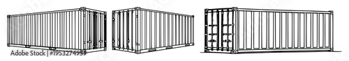 Shipping containers set with flat side view of stacked steel trucks featuring metal, cargo, side silhouette with industrial and transportation