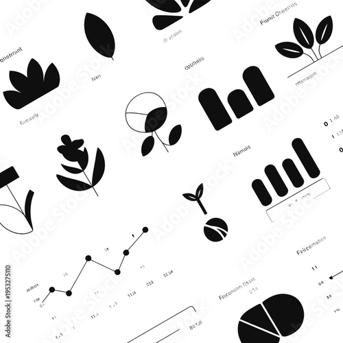 Botanical illustrations and abstract graphs on a white background