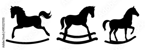 Rocking horse silhouette set with stylized curved body and dynamic motion featuring equestrian, nursery, classic toy with monochrome black and outline