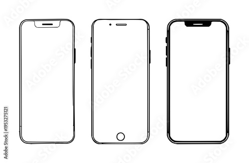 Smartphone outline set with minimalist line art design featuring silhouette, home button, mobile device with electronics and technology