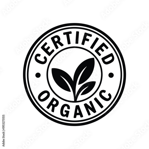 Circular certified organic emblem featuring leaves in a monochrome style