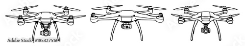 Drone quadcopter set with simple line outline illustration featuring aerial technology, transport, surveillance with black and white and minimalism