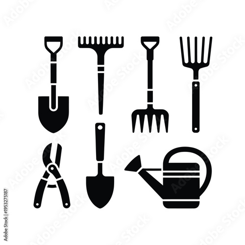 Black silhouette icons depicting various gardening tools and equipment