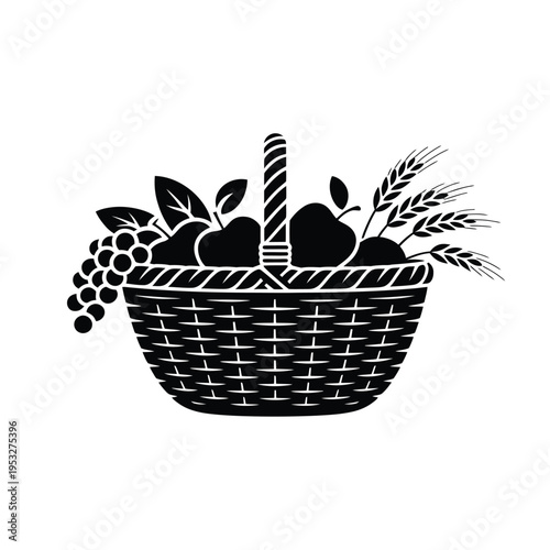 A black and white illustration of a woven basket filled with fruit and wheat