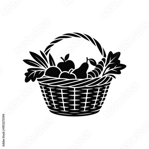 A black and white illustration of a woven basket filled with fruit