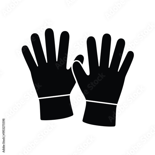 Simple black and white illustration depicting a pair of protective gloves
