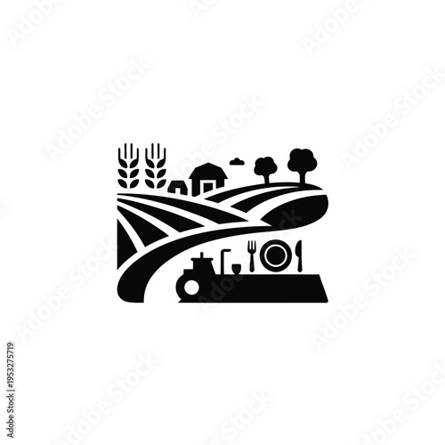 Black silhouette depicting a farm landscape with wheat buildings and dining