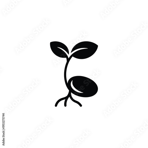Simple black silhouette of a sprouting seed with two leaves