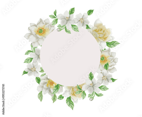White Jasmine and Magnolia Watercolor Flower Wreath