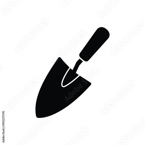 Simple black silhouette of a gardening trowel on white background