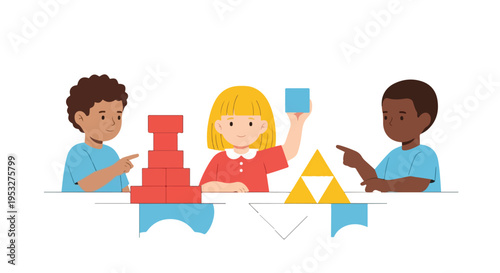 Three cheerful children of different ethnicities play together with colorful wooden blocks at a white table in a flat vector style.