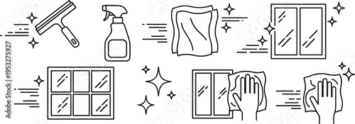 Window cleaning line icons set with squeegee spray cloth wiping glass hygiene service outline vector illustration collection