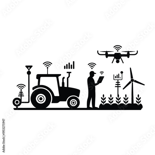Smart agriculture illustration featuring drone tractor and monitoring technology