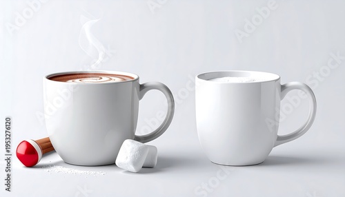 Two white mugs, one steaming with cocoa, the other holding froth. A marshmallow, spoon, and light background