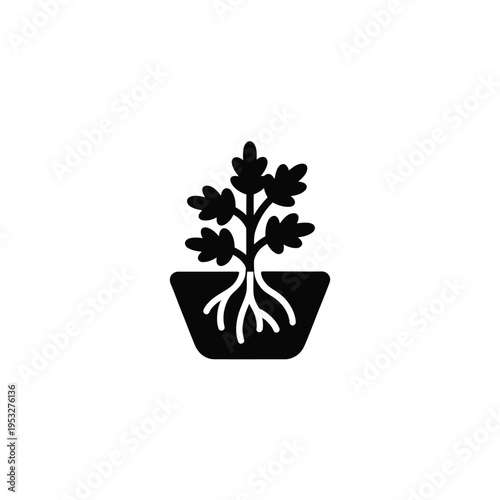 Simple black silhouette of a plant in a pot with visible roots