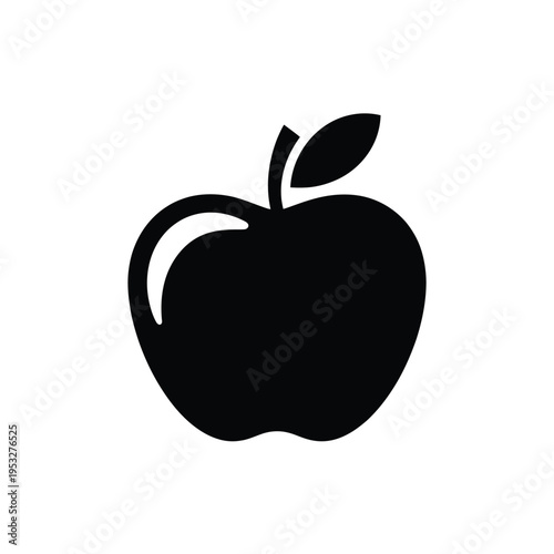 Simple black silhouette of an apple with a leaf and curved indentation