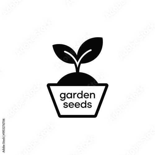 Simple black and white illustration of a seedling growing in a pot