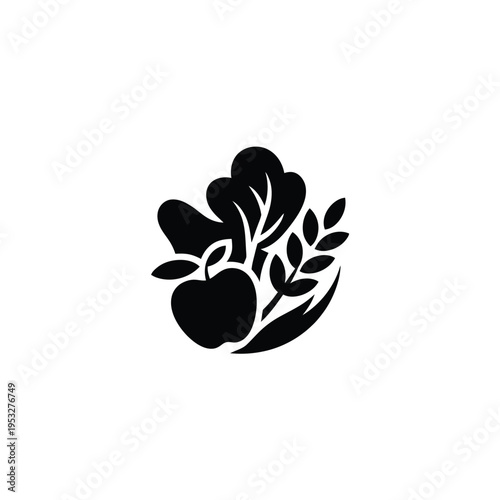 Stylized black silhouette of an apple with leaves and blossoming branch