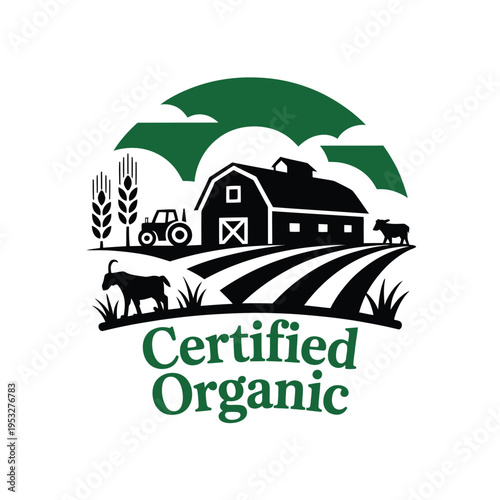A graphic illustration of a farm scene with an organic certification label