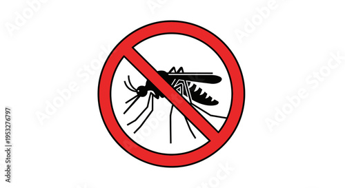 Mosquito Prohibition Sign with a Red Circle and Diagonal Line Over a Mosquito Illustration