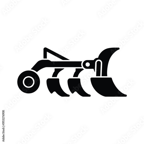 Black silhouette illustration of a farm plow with multiple blades