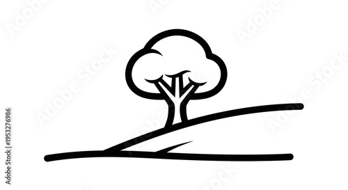 Minimalist Tree on a Rolling Hillside A Simple and Elegant Icon Representing Nature and Growth