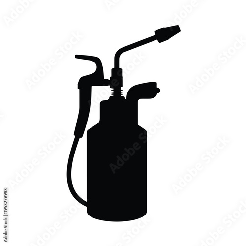 Black silhouette of an oil can with hose and nozzle attachments