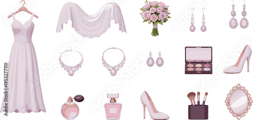 Bridal fashion accessories set with wedding dress veil shoes perfume makeup jewelry elegant beauty vector illustration collection