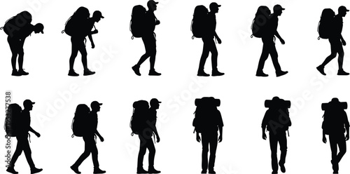 Backpacker silhouette set, male hiker walking with heavy backpack, camping travel man silhouette, hiking adventure outdoor journey, trekker isolated vector.