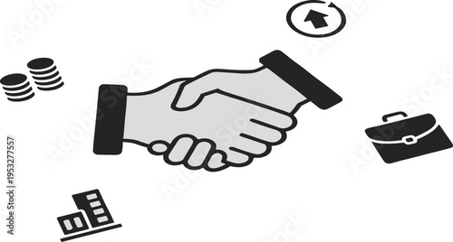 Business handshake with financial icons, partnership cooperation, corporate growth concept, vector illustration of agreement, investment, teamwork, and collaboration design