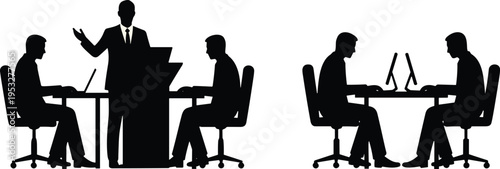 Business office silhouettes showing teamwork, presentation, collaboration, and communication with laptops and desktop computers in professional workplace vector illustration
