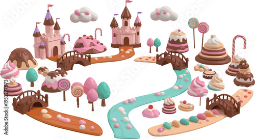 Candy land fantasy set with sweet castle bridges lollipop trees dessert landscape colorful cartoon vector illustration collection