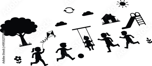 Children silhouettes playing outdoors with kite, ball, swing, slide, tree, sun, house, and nature elements in joyful park vector illustration
