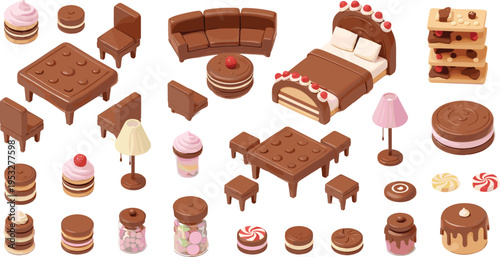 Chocolate dessert furniture set with cake bed sofa table chairs sweet interior fantasy cartoon vector illustration collection